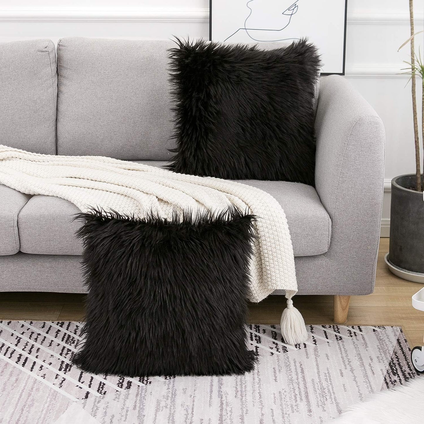 Set of 2 Black Decorative Pillow Covers New Luxury Series Merino Style Faux Fur Fluffy Throw Pillow Covers Square Fuzzy Cushion Case 20X20 Inch