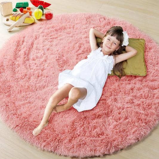 Baby Pink round Area Rugs 6Ft, Fluffy Soft Bedroom Circle Rug for Kids Girls Boys Teen Room, Kawaii Plush Shaggy Floor Carpet Mats for Dorm Nursery Living Room Playroom Home Decor