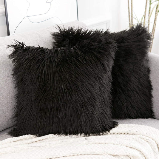 Set of 2 Black Decorative Pillow Covers New Luxury Series Merino Style Faux Fur Fluffy Throw Pillow Covers Square Fuzzy Cushion Case 20X20 Inch