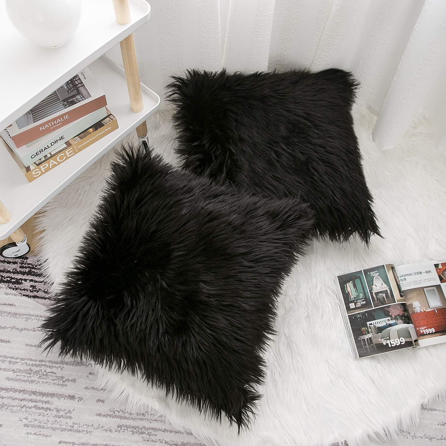 Set of 2 Black Decorative Pillow Covers New Luxury Series Merino Style Faux Fur Fluffy Throw Pillow Covers Square Fuzzy Cushion Case 20X20 Inch
