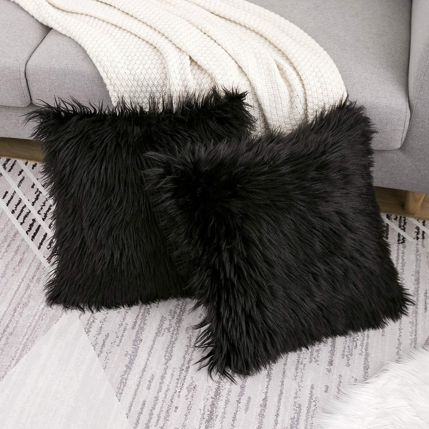 Set of 2 Black Decorative Pillow Covers New Luxury Series Merino Style Faux Fur Fluffy Throw Pillow Covers Square Fuzzy Cushion Case 20X20 Inch