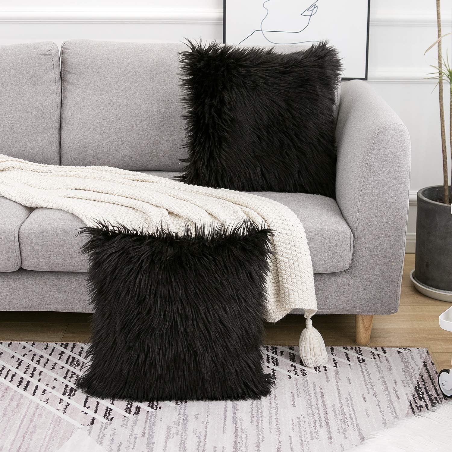 Set of 2 Black Decorative Pillow Covers New Luxury Series Merino Style Faux Fur Fluffy Throw Pillow Covers Square Fuzzy Cushion Case 20X20 Inch