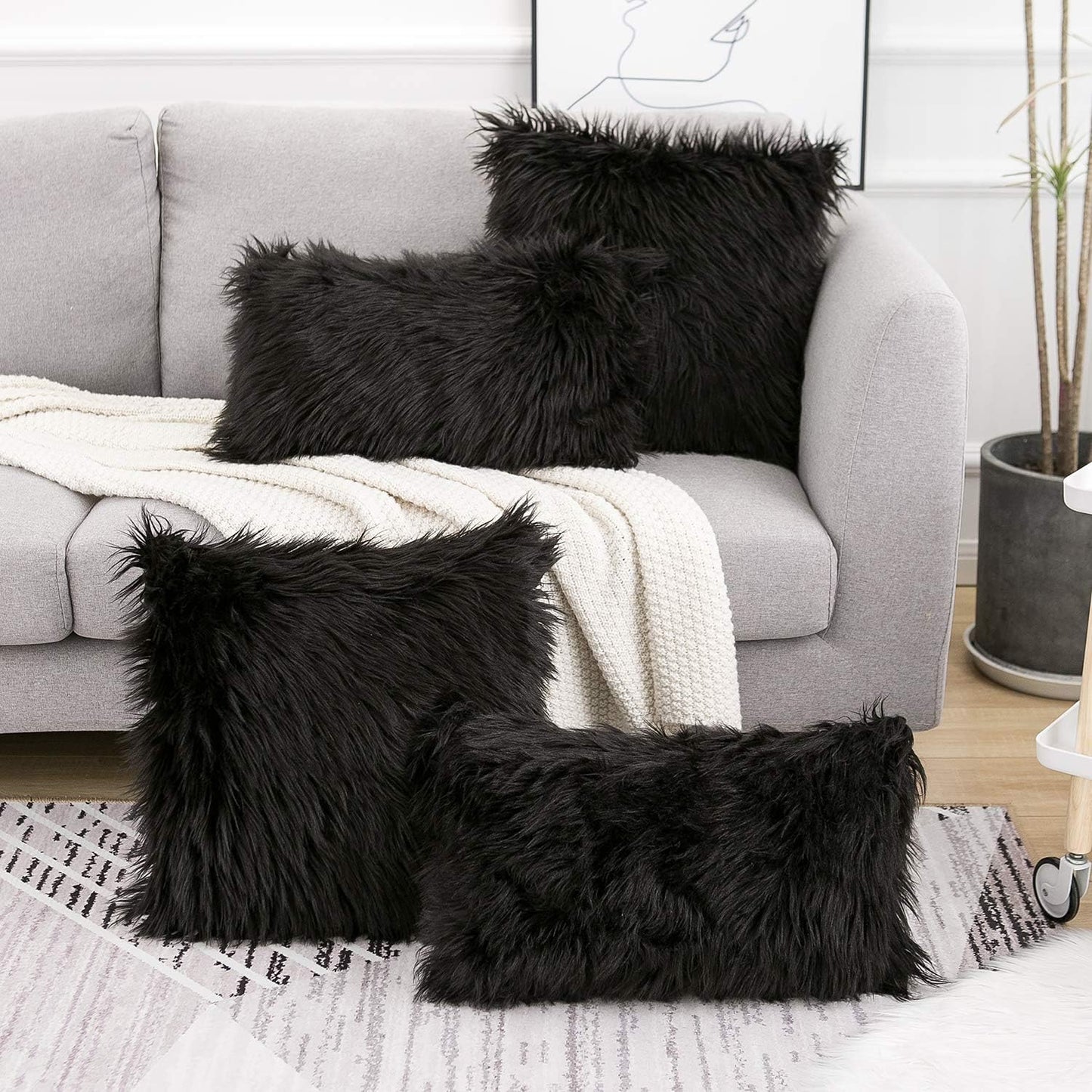 Set of 2 Black Decorative Pillow Covers New Luxury Series Merino Style Faux Fur Fluffy Throw Pillow Covers Square Fuzzy Cushion Case 20X20 Inch