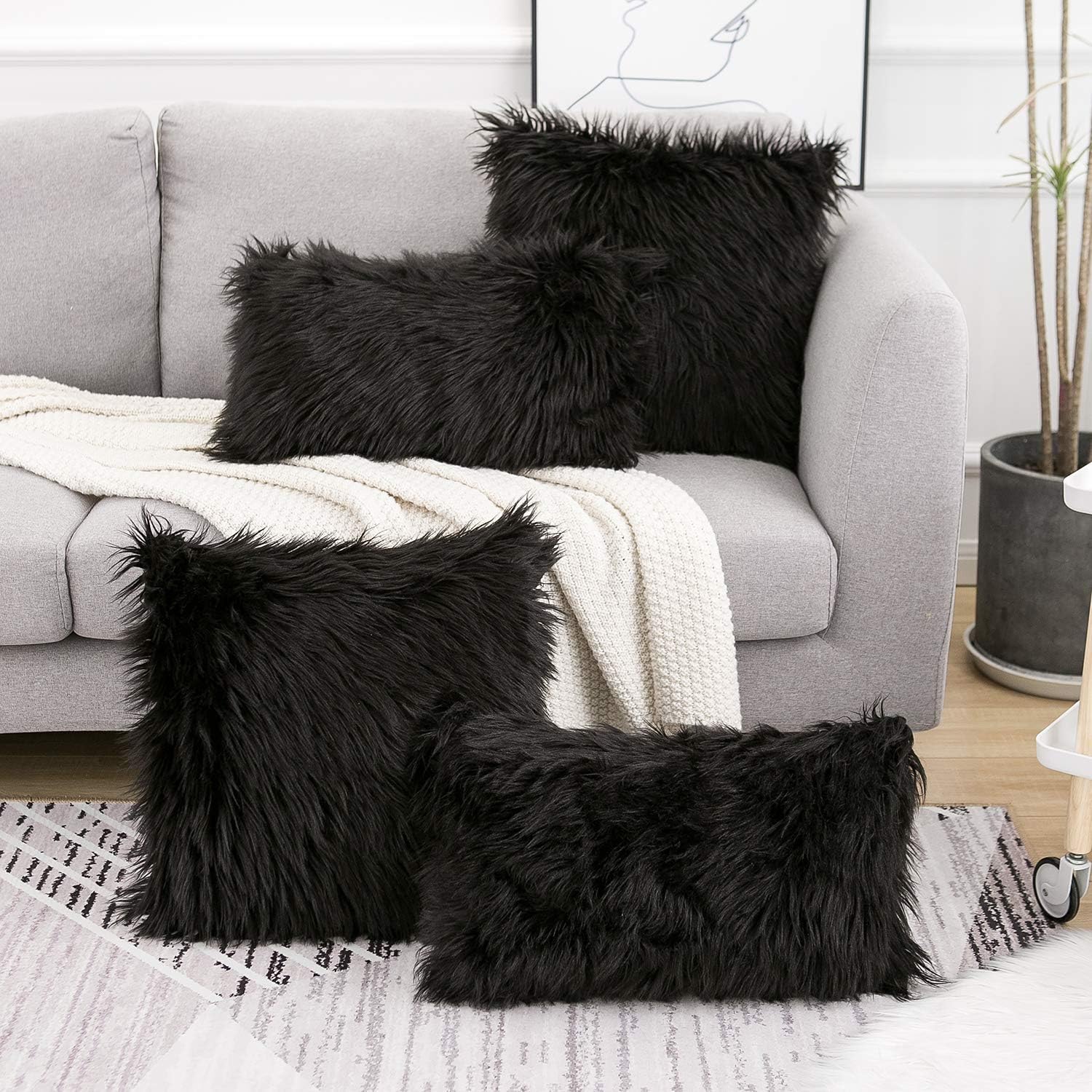 Set of 2 Black Decorative Pillow Covers New Luxury Series Merino Style Faux Fur Fluffy Throw Pillow Covers Square Fuzzy Cushion Case 20X20 Inch