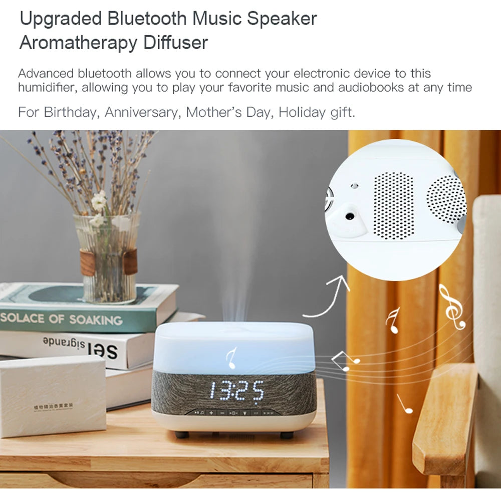 Essential Oil Aroma Diffuser Air Humidifier 300ML Ultrasonic Mist Maker Night Light Bluetooth-Compatible Audio Alarm Clock Home