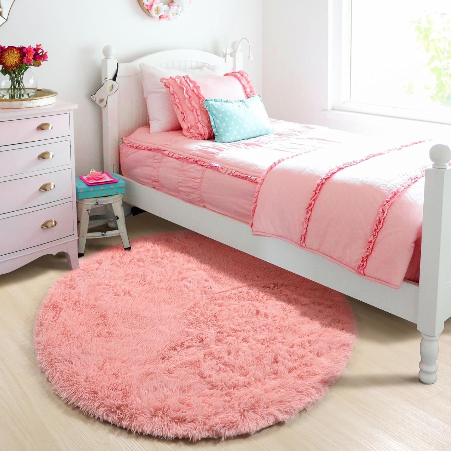 Baby Pink round Area Rugs 6Ft, Fluffy Soft Bedroom Circle Rug for Kids Girls Boys Teen Room, Kawaii Plush Shaggy Floor Carpet Mats for Dorm Nursery Living Room Playroom Home Decor