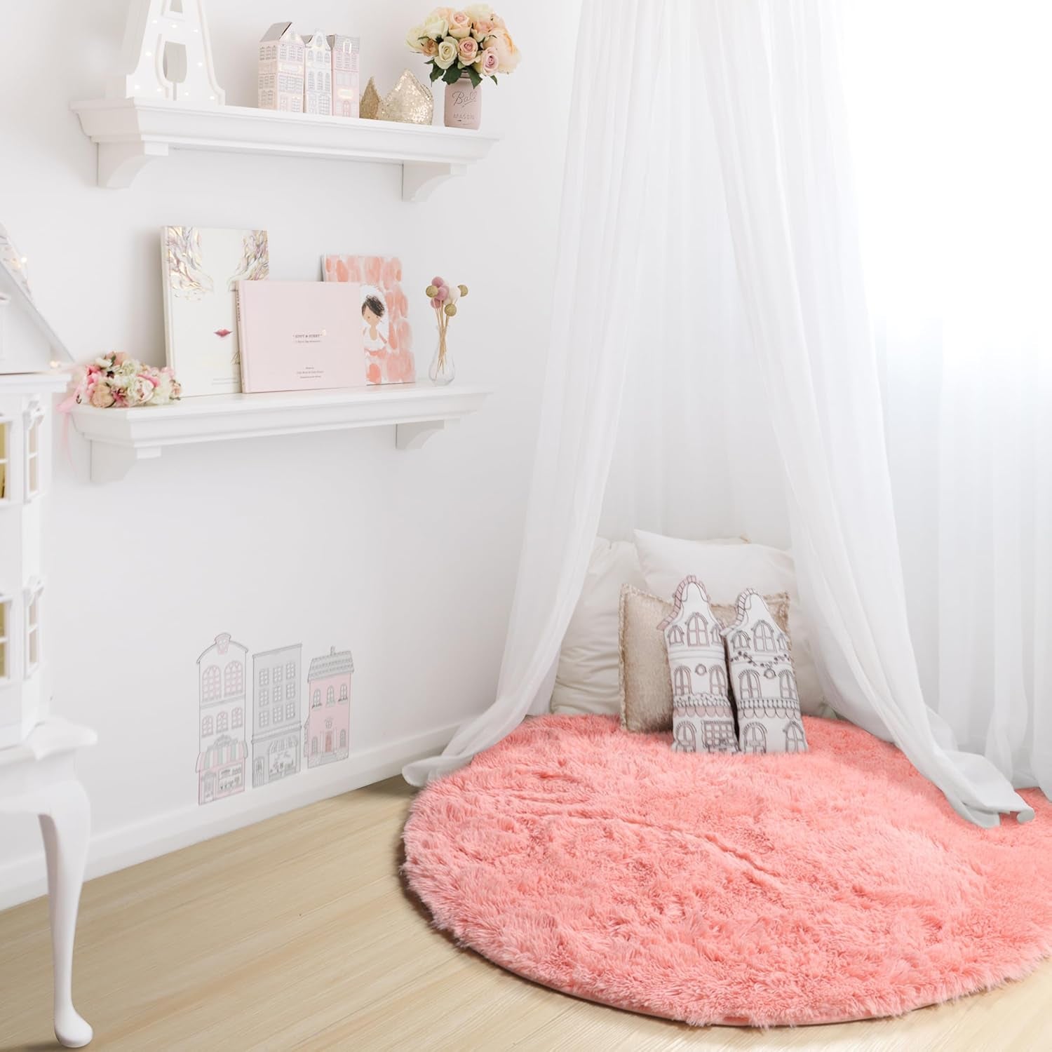 Baby Pink round Area Rugs 6Ft, Fluffy Soft Bedroom Circle Rug for Kids Girls Boys Teen Room, Kawaii Plush Shaggy Floor Carpet Mats for Dorm Nursery Living Room Playroom Home Decor